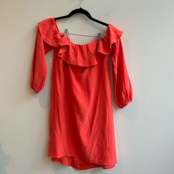 Amanda Uprichard Coral !00% Silk Off the Shoulder Mini Dress Size Small - Picture 1 of 8